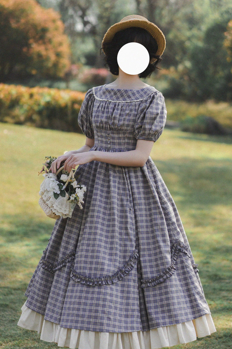 Vintage Elegant Lolita Dress with Boat Neck, Short Sleeves, Ruffled Hem, Grey/Blue