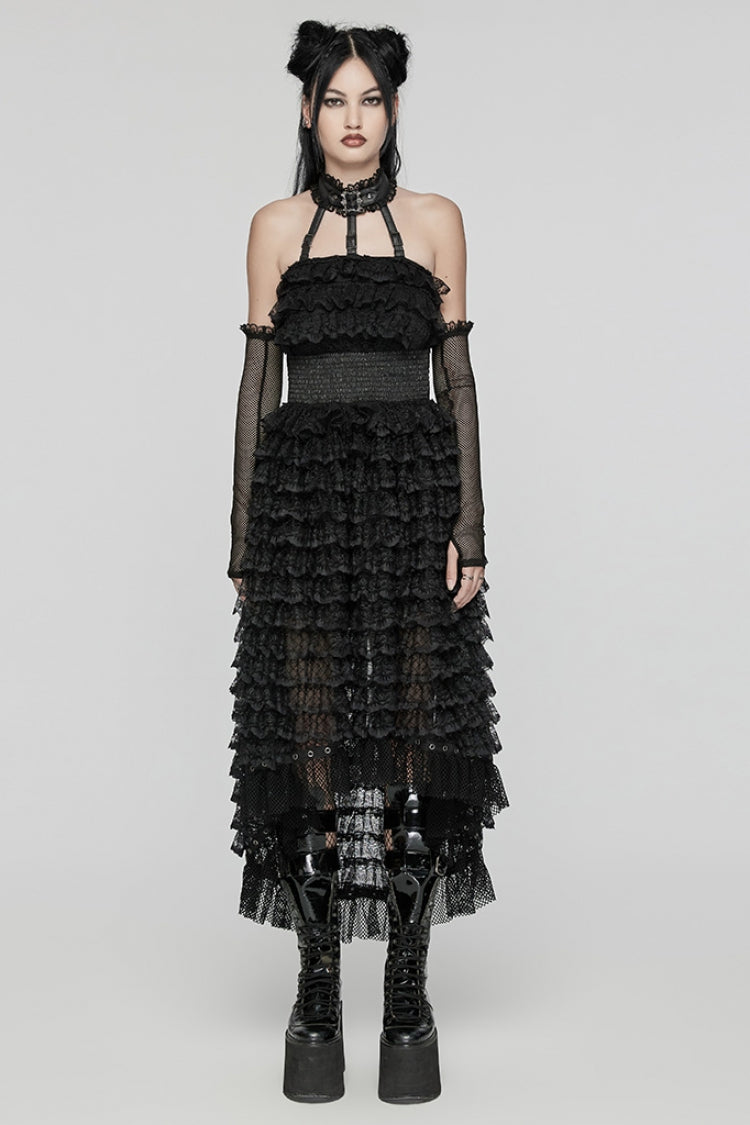 Ebony Halterneck Long Sleeves Ruffle Lace Punk Dress