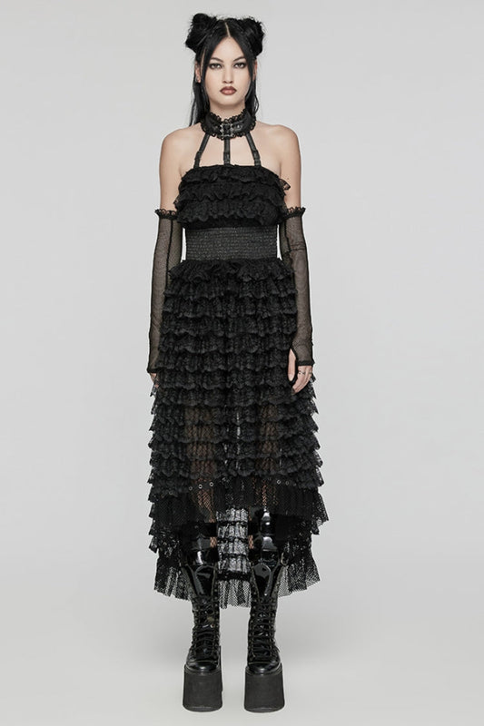 Ebony Halterneck Long Sleeves Ruffle Lace Punk Dress