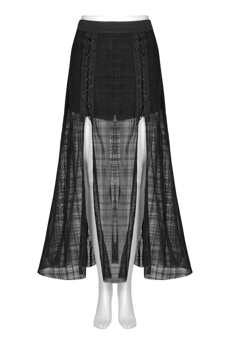 Punk Skirt for Women in Black with Metal Eyelets, Lace-Up & Slit Mesh Hem