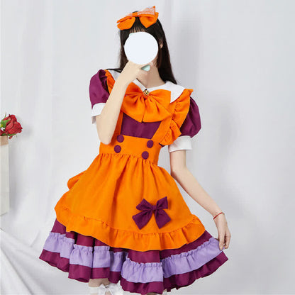 Cute Orange Bow Decor Puff Sleeve Maid Dress