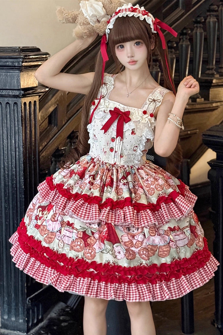 Crimson Strawberry Bear Print Sleeveless Dual-Layer Frill Bow Princess Sweet Lolita JSK