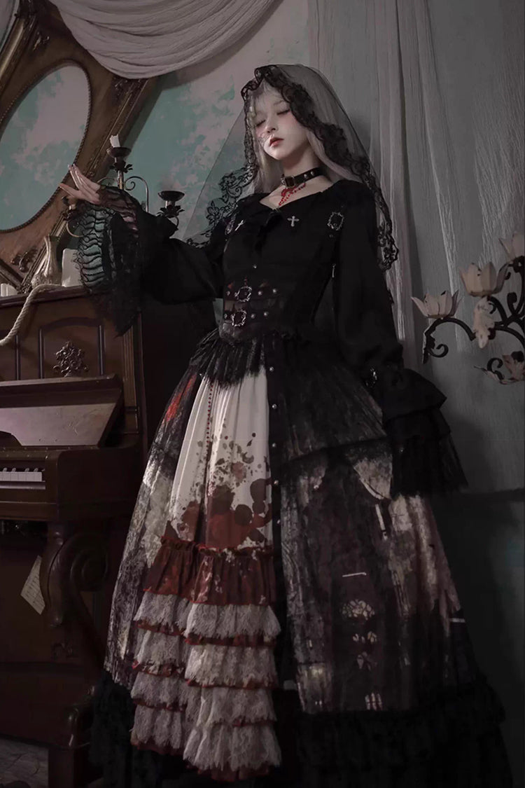 Sleeveless Multi-Layered Printed Ruffled Open-Front Gothic Plus Size Lolita Strap Dress