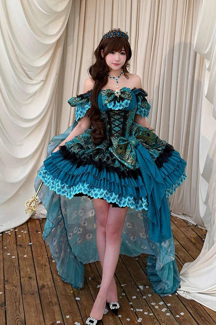 Blue/Green [Peacock Spirit Princess] Sleeveless Multi-Layered Ruffled Bow Lace-Up Classic Elegant Lolita Jsk Dress