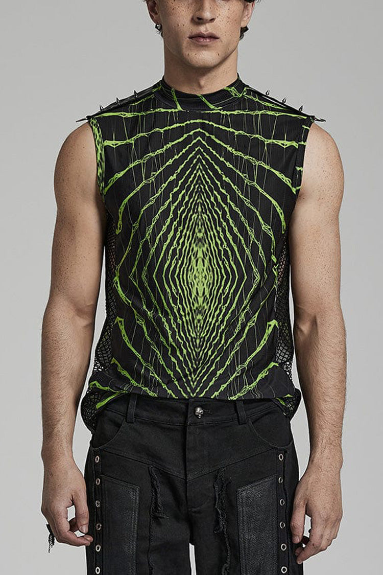 Steampunk T-Shirt with Halo Print, Sleeveless, Mesh and Rivets, 2 Colors
