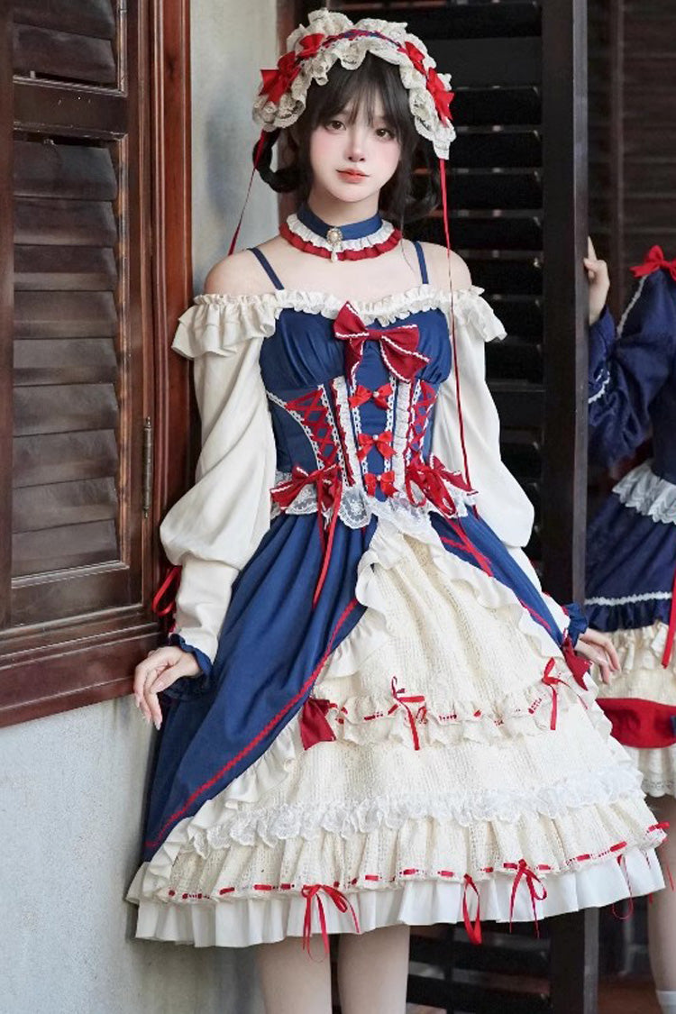 White-Blue Long Sweet Lolita Ruffle Cardigan Bowknot Dress