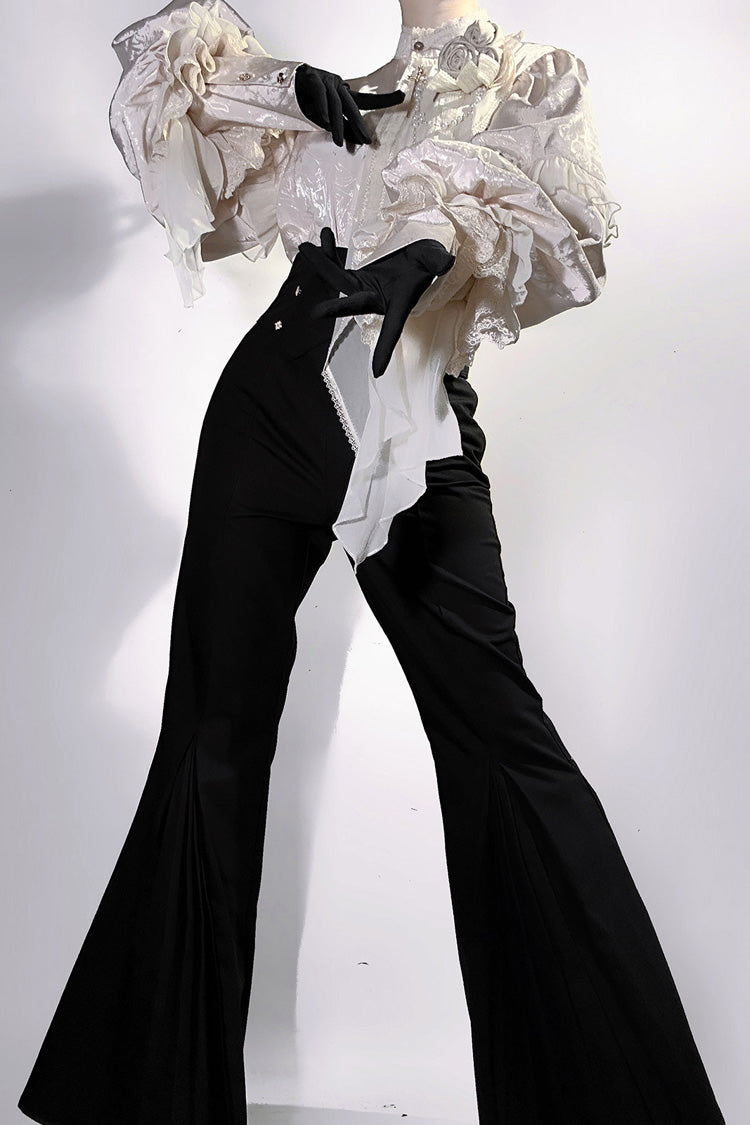 Noir Stand Collar Long Puff Sleeve Ruffled Embroidered Bow Prince Set - The Rose and the Sword