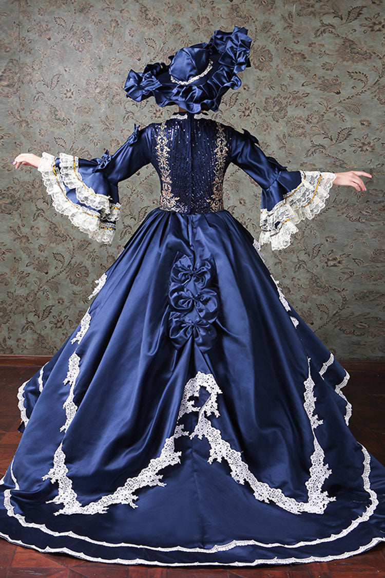 Victorian Prom Gown with Flared Sleeves, Lace, and Embroidery