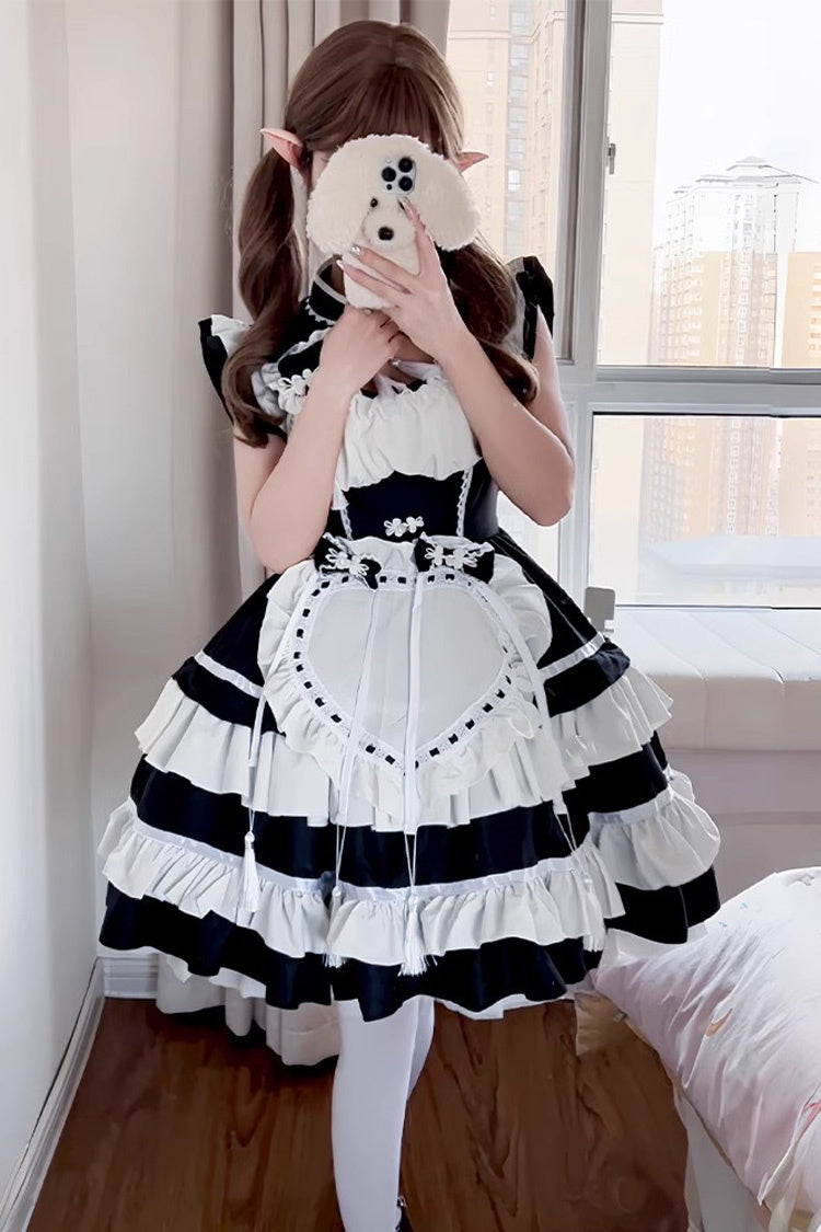 Monochrome Double Ruffle Bow Love Print Sweet Plus Size Chinese Lolita Set
