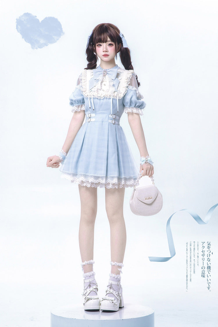 Blue/Aqua Short Sleeves Plaid Printed Ruffled Lace Sweet Jirai Kei Japanese Lolita Dress