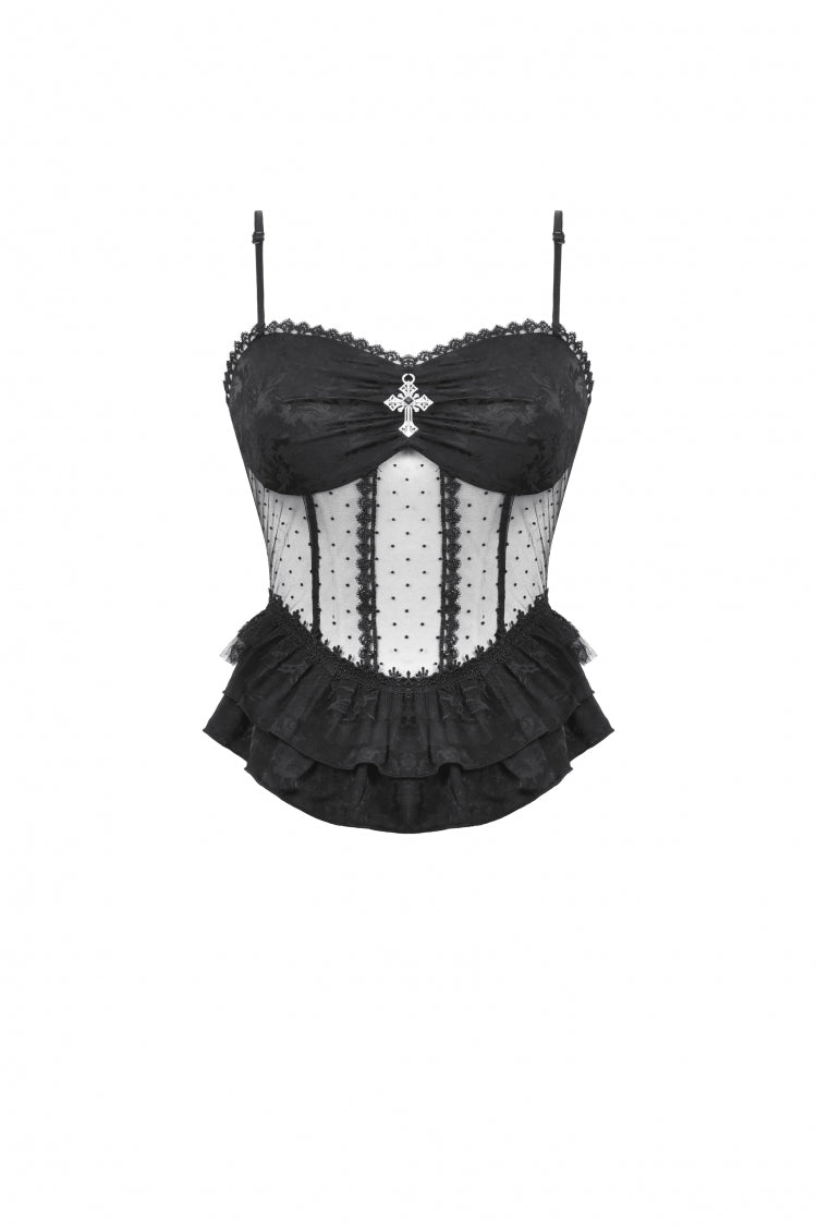 Obsidian Double-Layered Lace Ruffle Top with Spaghetti Straps - Gothic Sheer