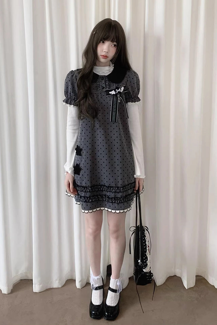 Ash Doll-Collar Polka Dot Bow Lolita Gown with Short Sleeves