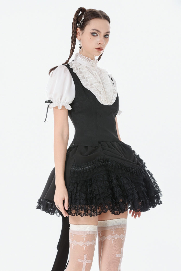 Monochrome Gothic Royal Blouse with Lace Ruffles and Stand Collar
