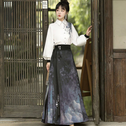 Elegant Bamboo Ink Painting Shirt Lace Up Pleated Skirt