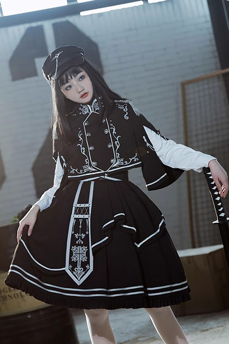 Gothic Military Lolita Skirt with Thorn Print & Ruffle Trim