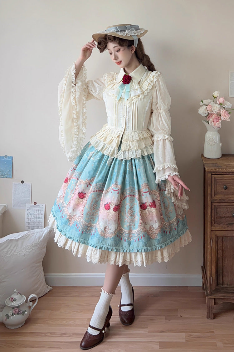 Blue Moonlit Garden Print Ruffle Lace Sweet Palace Lolita Skirt