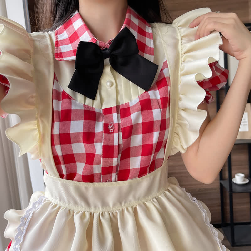 Sweet Bow Knot Ruffled Plaid Maid Dress