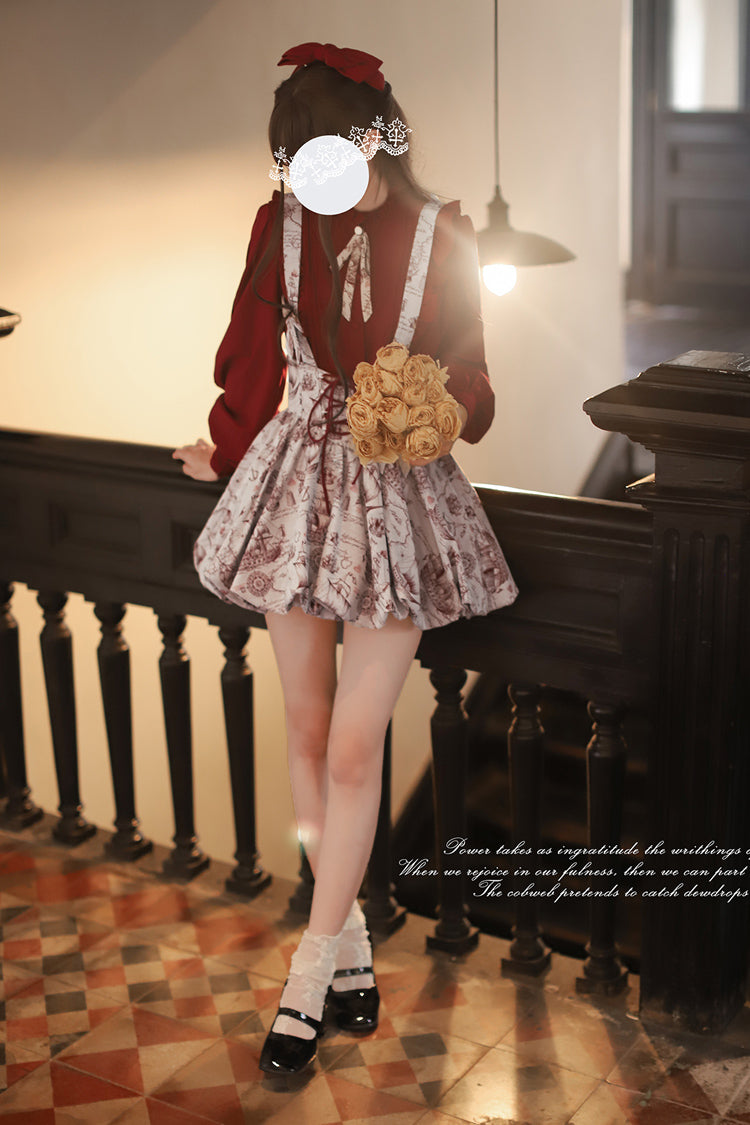 Ash Printed Sweet Lolita Skirt with Lace-Up Bow