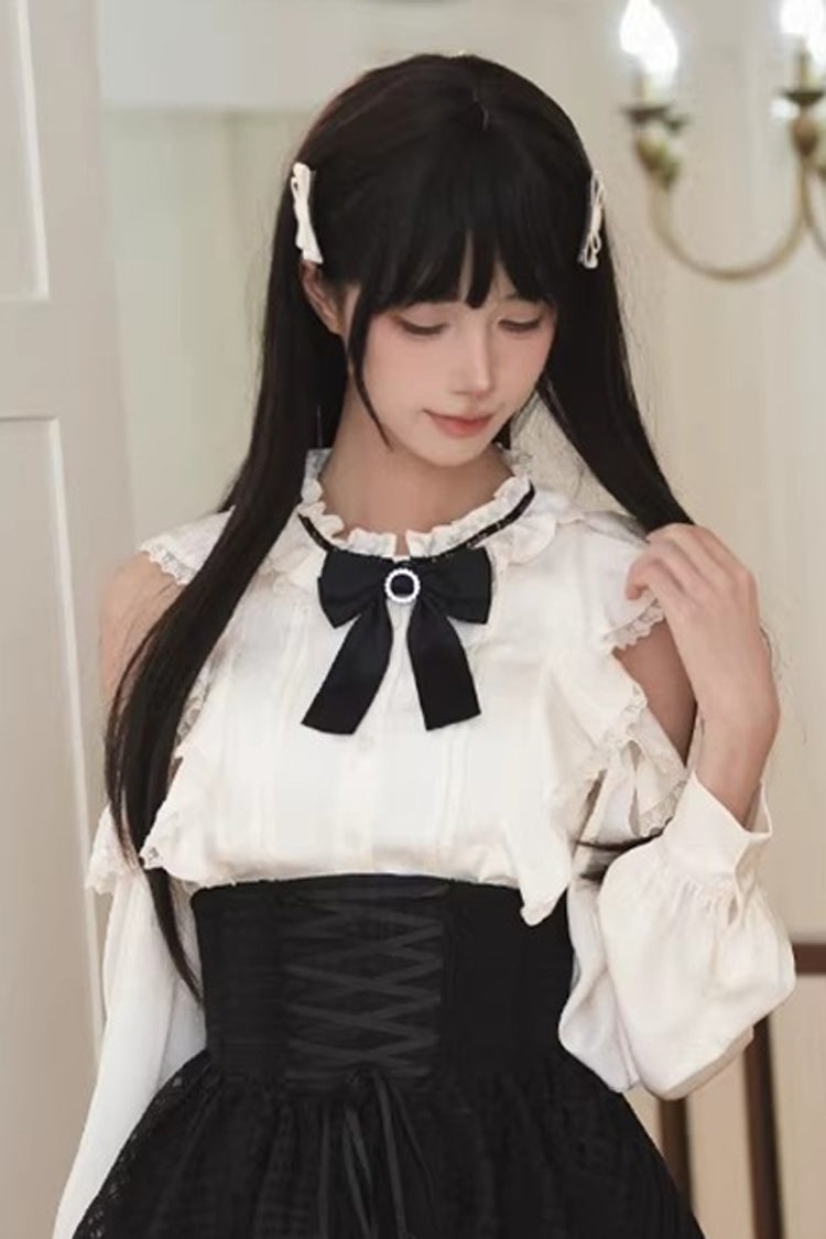 Monochrome Elegant Jirai Kei Skirt Set with Double-Layered Cut-Outs and Bow Lacing