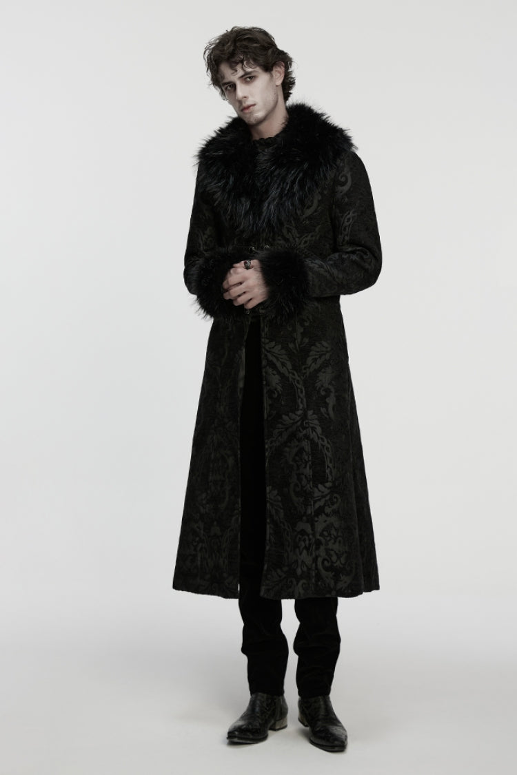 Men's Gothic Long Coat with Faux Fur Collar, Jacquard & Zipper in Black