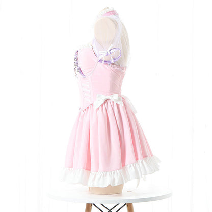 Pink Lace Up Lolita Maid Dress Set