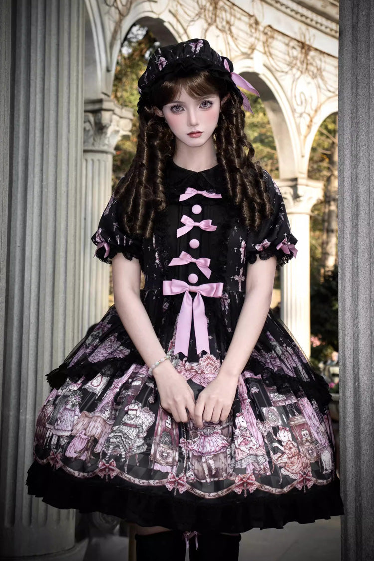 Ruffled Lace Dress with Bowknot and Missing Lamb Print