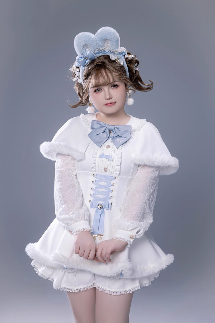 White Long Sleeve Ruffled Bow Lace-Up Jirai Kei Plush Set