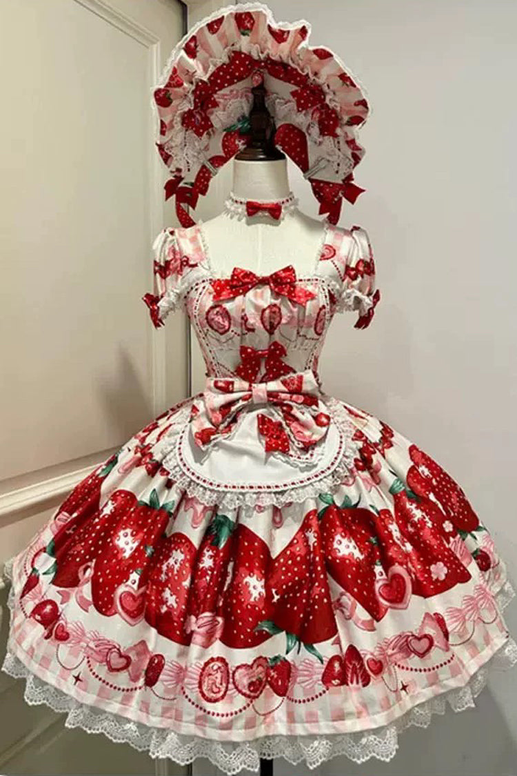 Dream to Strawberry Print Short Sleeve Ruffled Bow Lace Sweet Lolita OP Dress - 4 Colors