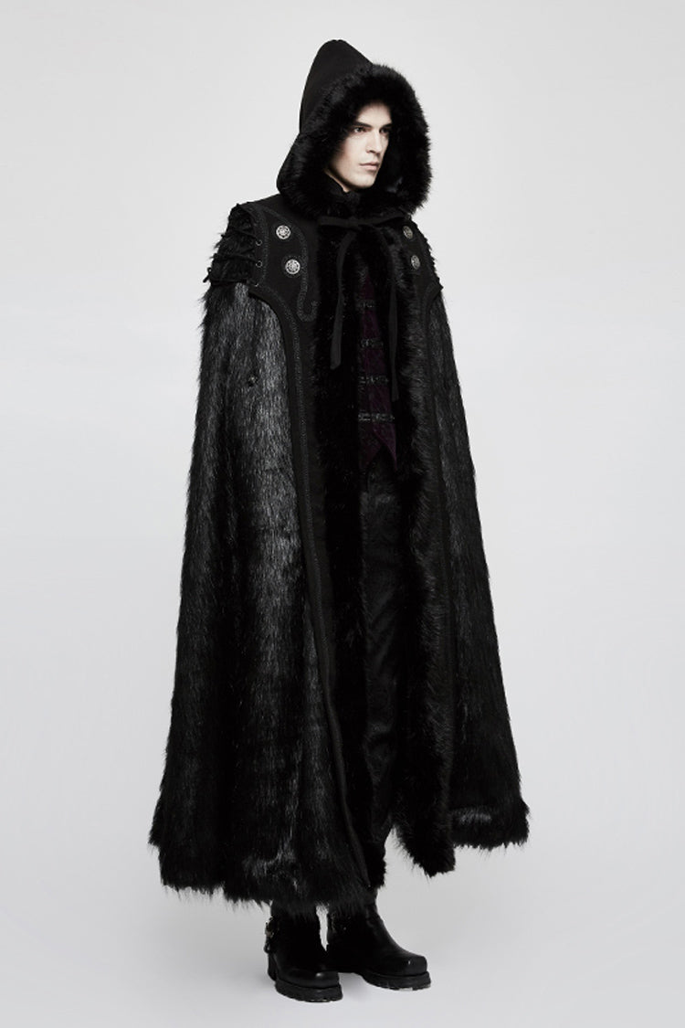 Men's Gothic Cloak with Hooded Long Fur Design