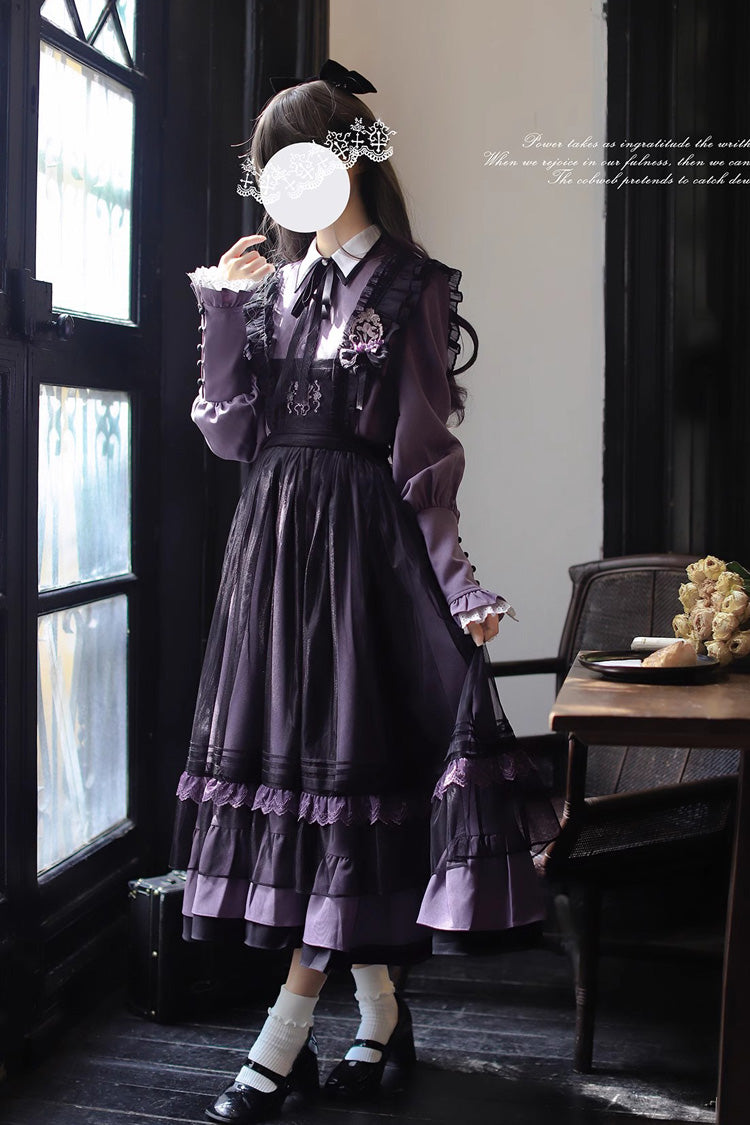 Noir Double Layer Ruffle Embroidered Bow Mesh Sweet JSK - Witch Academy