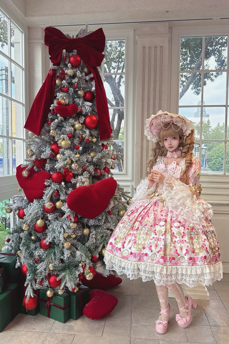 Pink [Rose Garden Prelude] Square Collar Long Trumpet Sleeves Printed Ruffled Bow Lace Lace-Up Sweet Lolita Dress