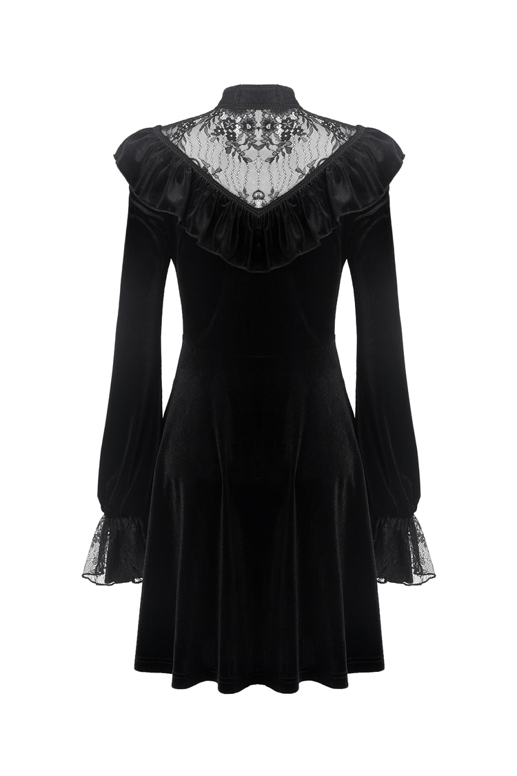 Black V-neck Long Sleeves Ruched Ruffled Lace Women's Lolita Gothic Velvet Dress