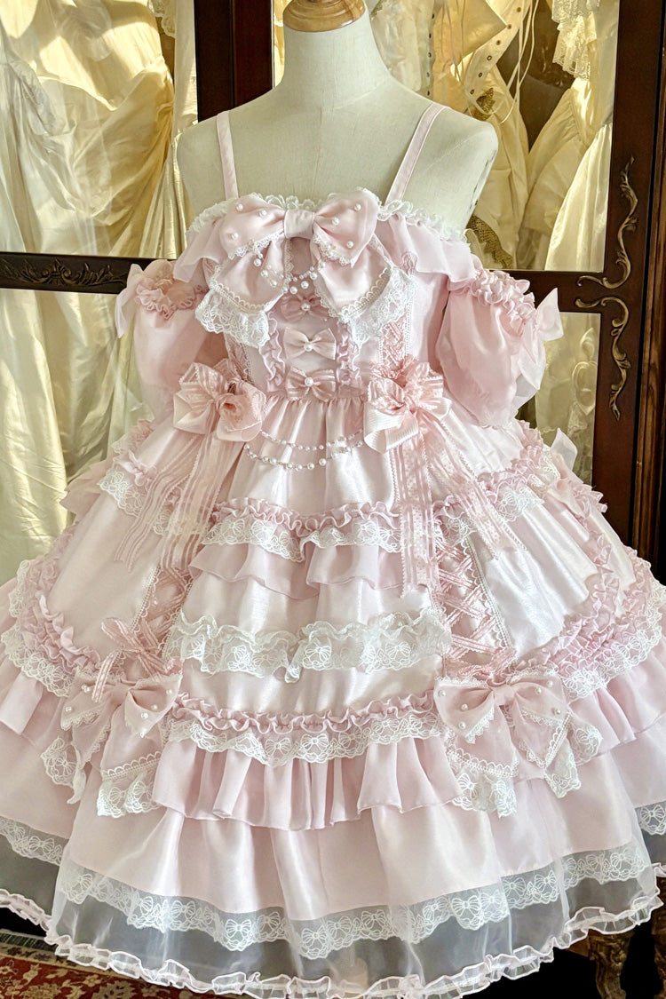 Pink [Spring Cherry Snowfall] Off Shoulder Short Sleeves Multi-Layered Ruffled Bow Sweet Lolita Jsk Dress