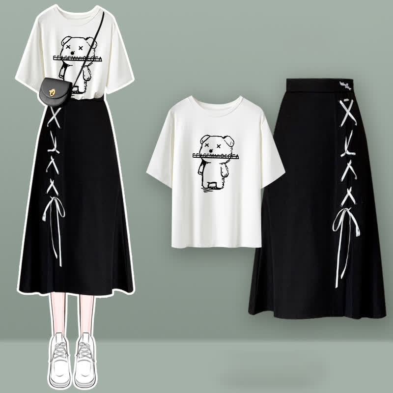 Round Collar Bear Print T-Shirt Lace Up Skirt