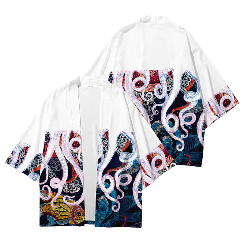 Colorblock Octopus Print Cardigan Kimono Outerwear