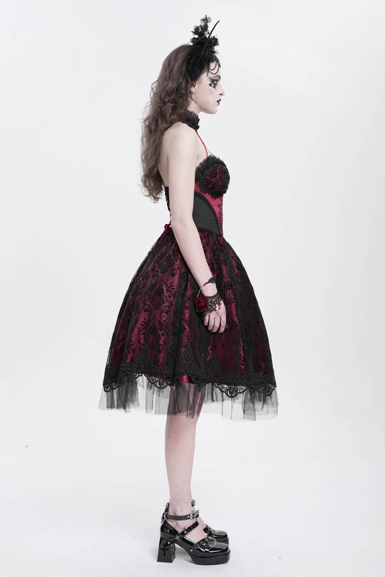 Crimson Halterneck Skeleton Print Embroidered Stitching Lace Gothic Gown