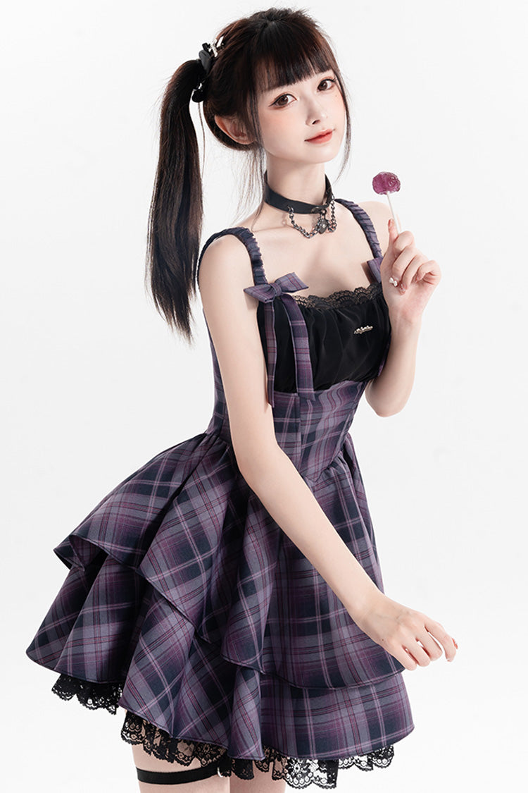 Purple Magic Cat Double-Layered Stripe Print Bow Sweet Lolita Jumper
