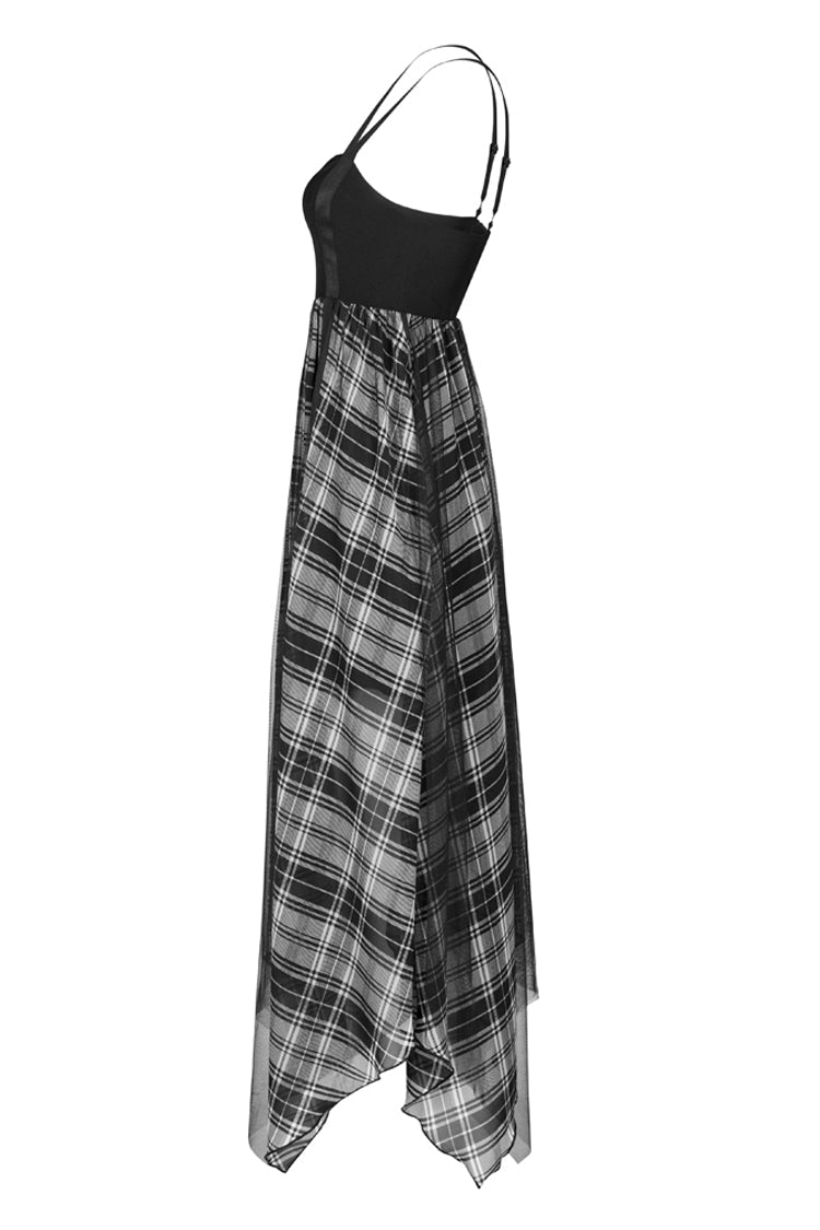 Charcoal Eyelet Strap Hem Plaid Chiffon Punk Slip Dress for Women