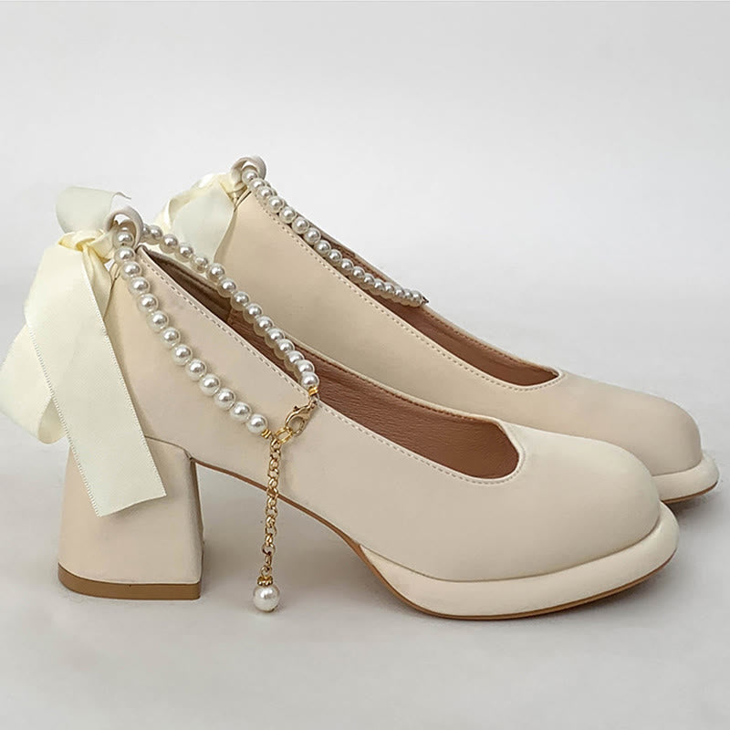 Pearl Buckle Thick Heel Mary Jane Shoes