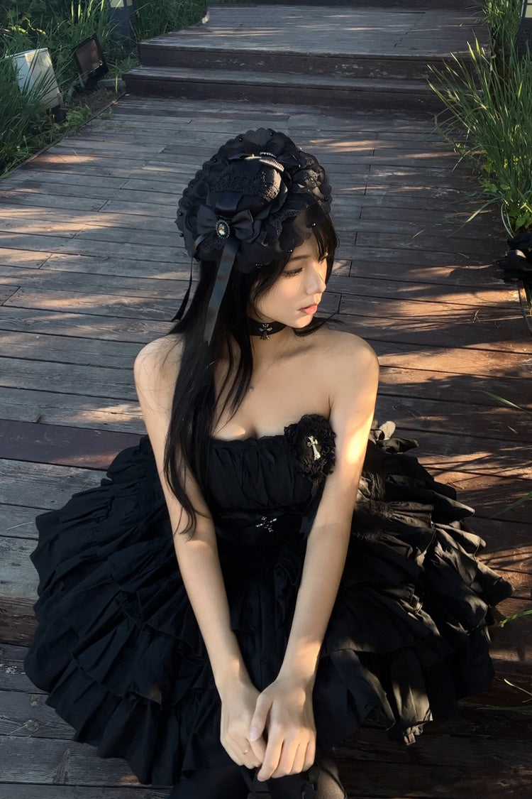 Sleeveless Black Lace Bowknot Triple-Layered Gothic Princess Dress