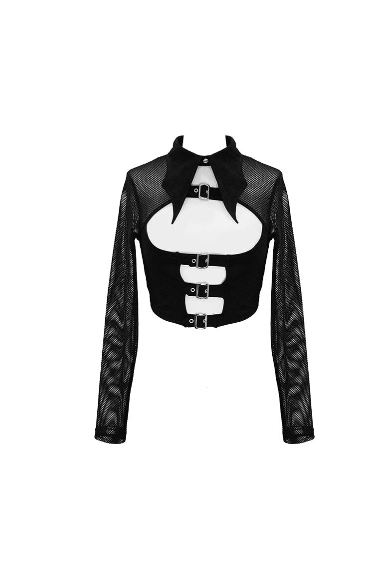 Punk T-Shirt with Bat Collar, Mesh Splice, Long Sleeves and Chest Clasp