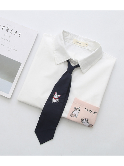 College Style T-Shirt Sweet Pocket Cat Embroidered Tie