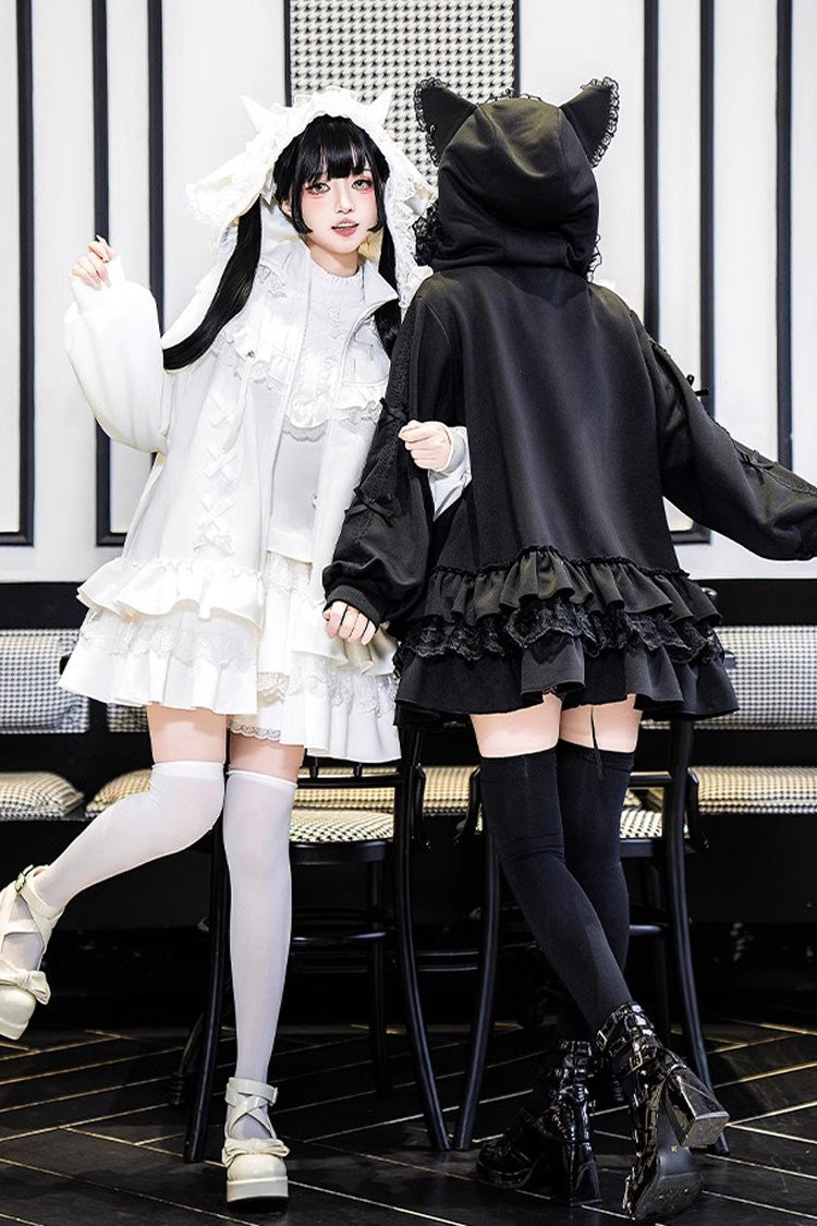 Ivory Ruffled Zip-Up Dapper Sweet Hooded Sweatshirt