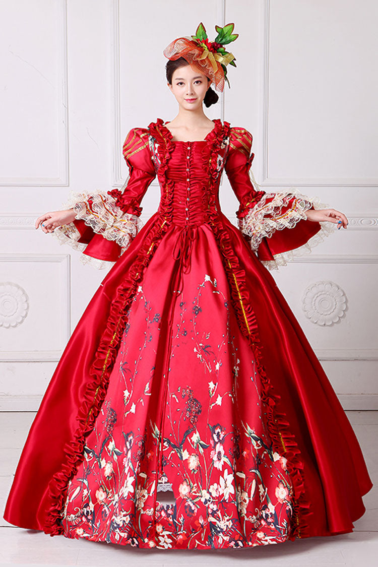 Victorian Lolita Prom Dress with Floral Print, Trumpet Sleeves, High Waist