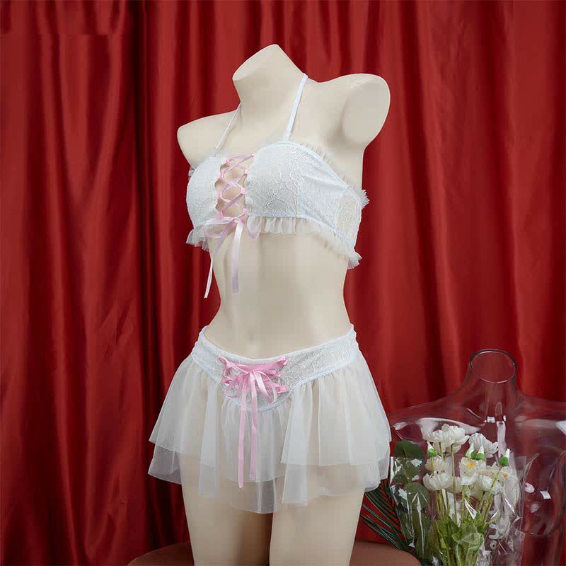 Sweet Halter Lace up Chiffon Maid Lingerie Set