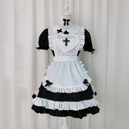 Kawaii Cross Print Ruffled Maid Lolita Dress Set