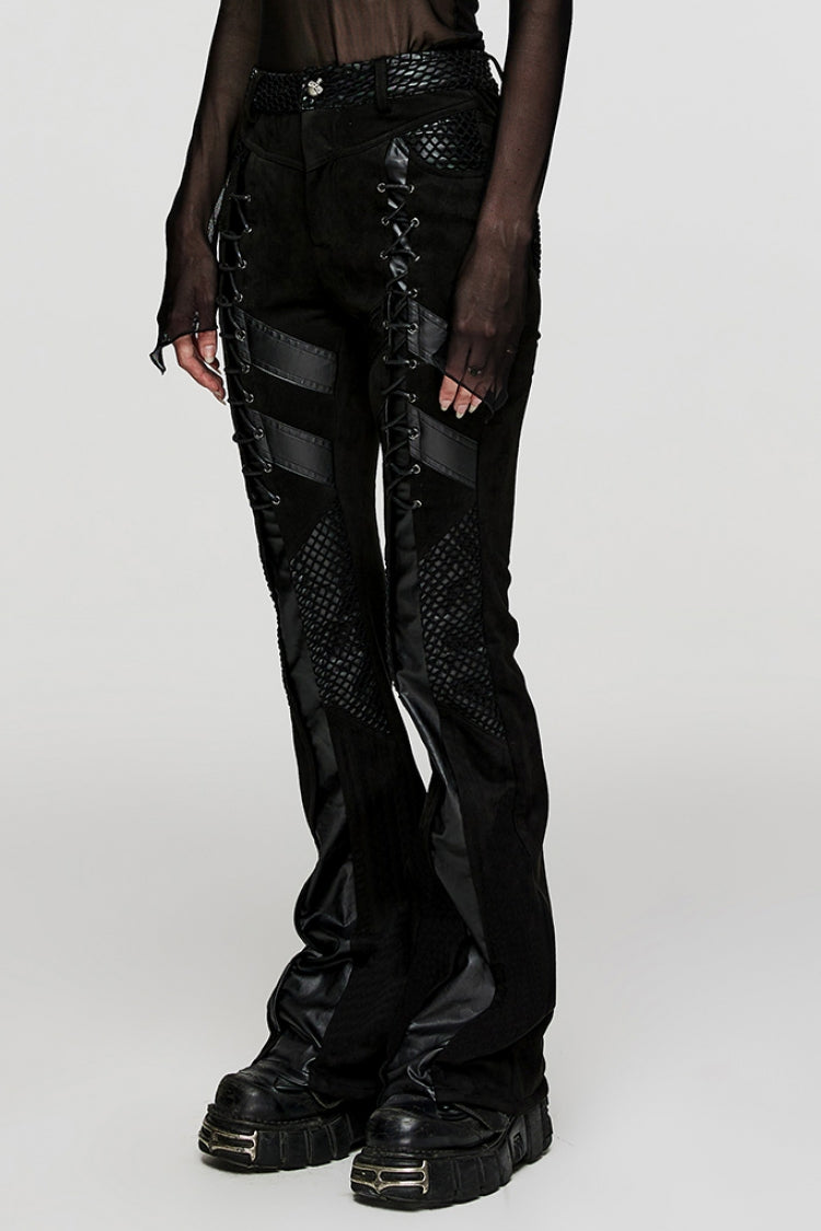 Ebony Grommet Faux Leather Stitched Mesh Steampunk Pants for Women