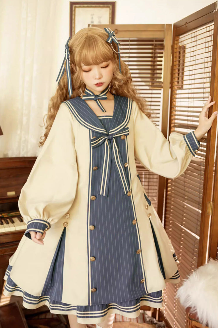 Navy Collared Long Sleeve Floral Bow Sweet Plus Size Lolita Gown