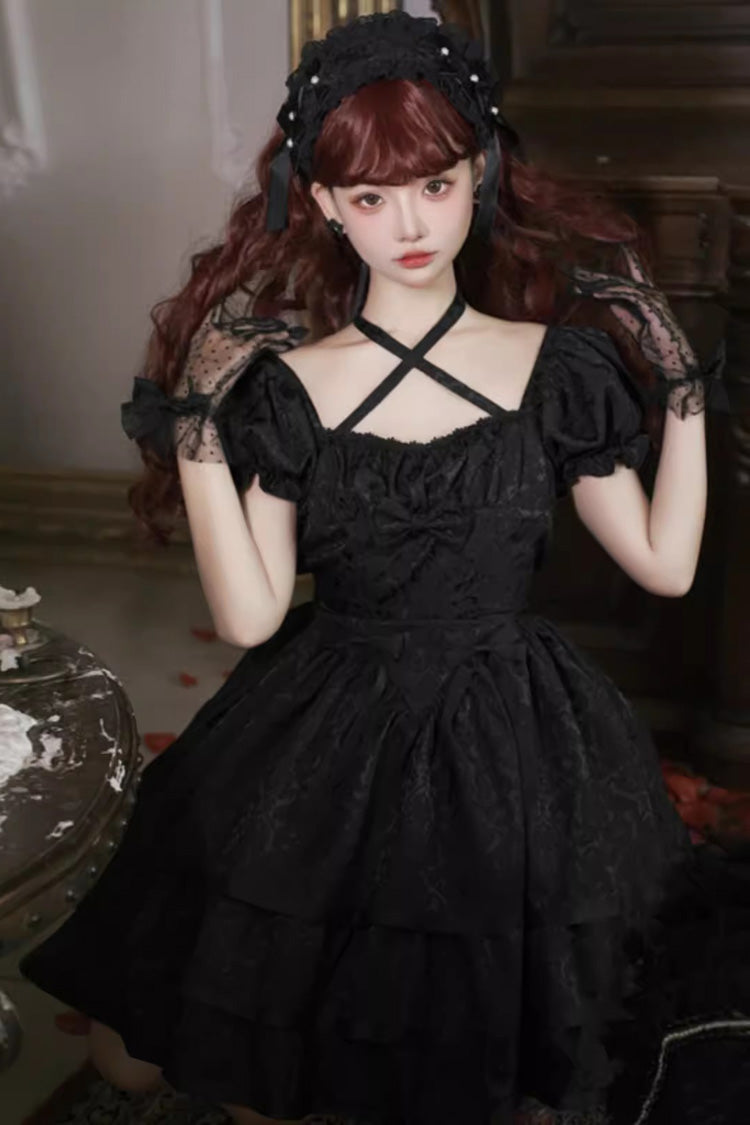 Short Sleeves Multi-layer Ruffle Bowknot Gothic Princess Lolita Dress