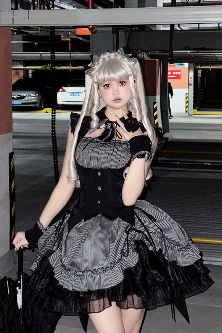 Gothic Lolita Dress with Triple-Layered Ruffle, Bowknot, Lace, Grey Potions